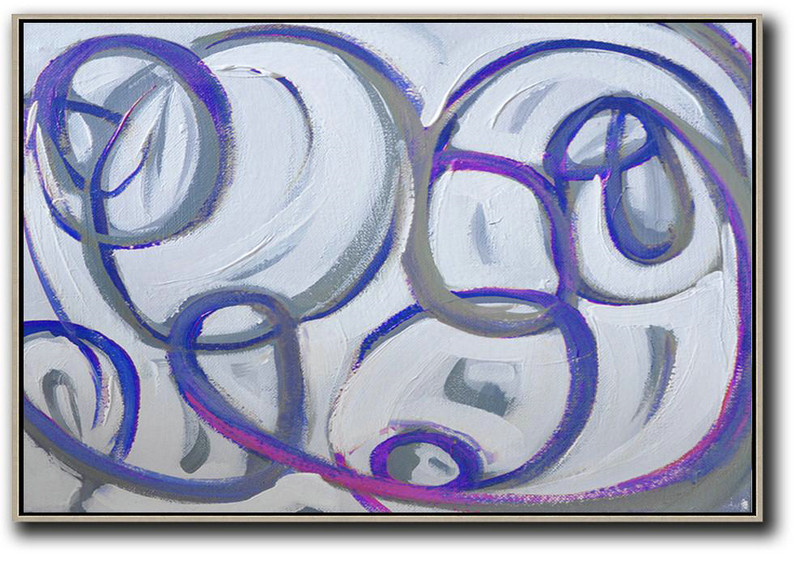 Handmade Large Painting,Horizontal Palette Knife Contemporary Art,Big Canvas Painting White,Grey,Purple,Blue